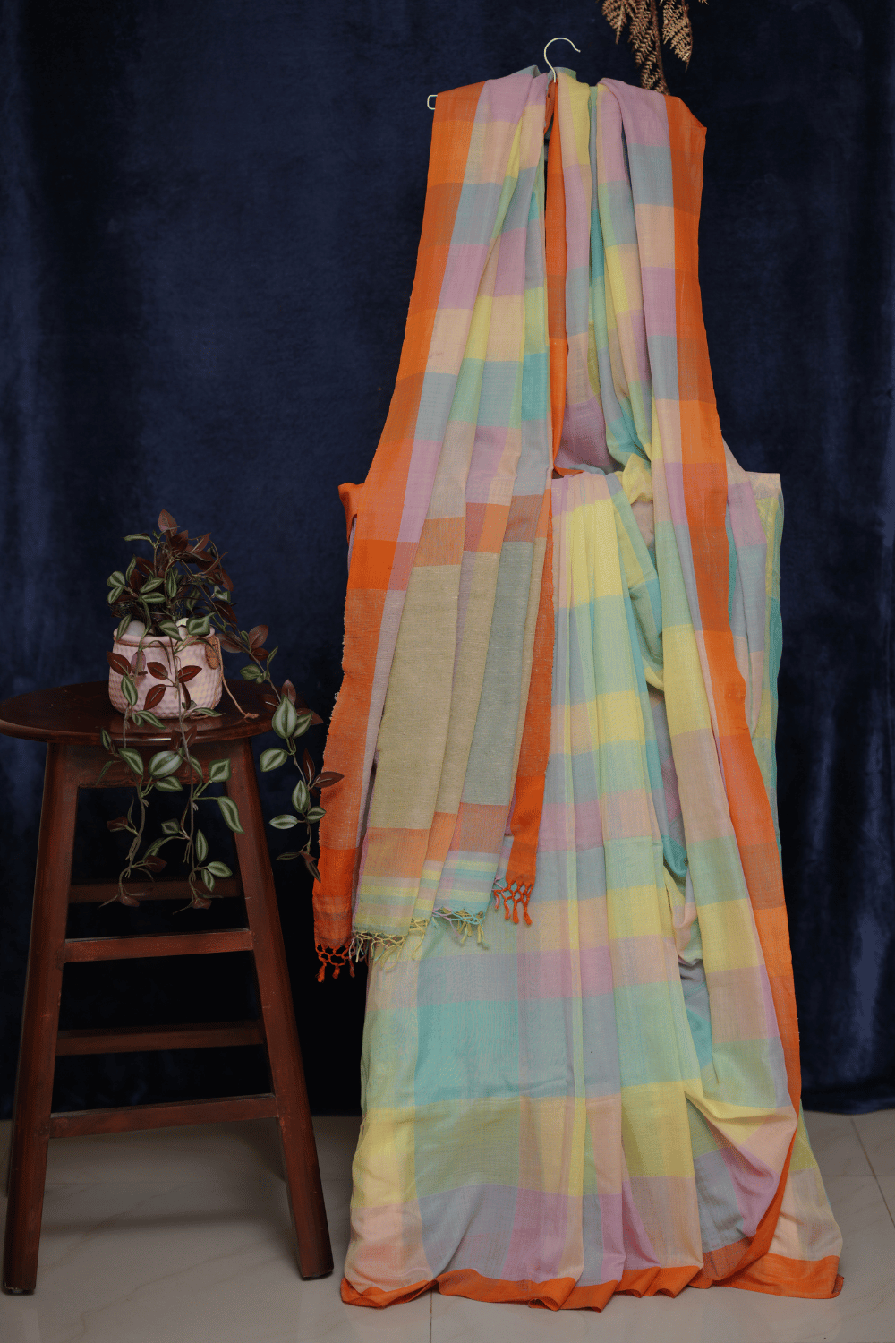 Handloom Pastel Multicolour Check Saree with Orange Border