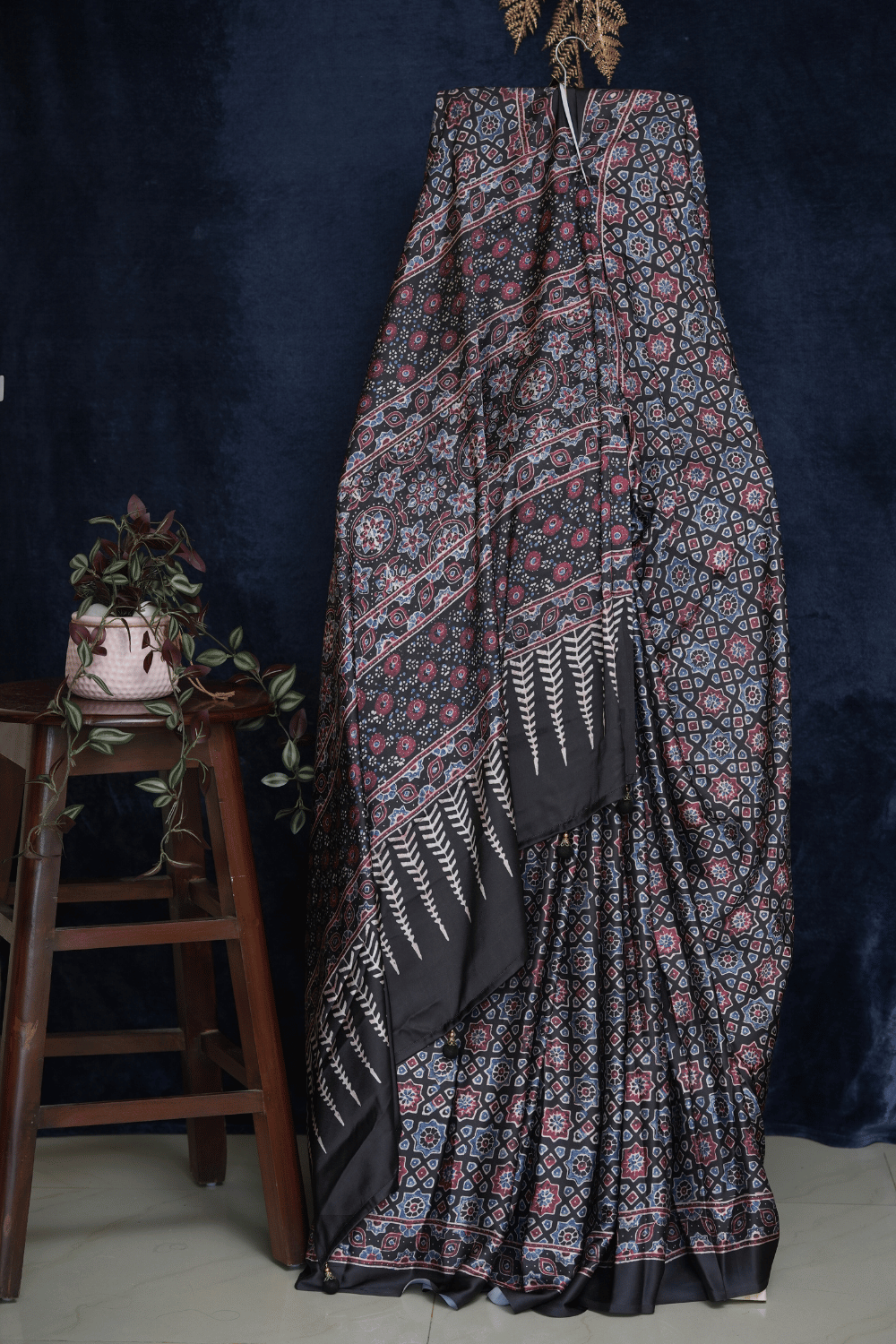 Black and Multicolor Ajrakh Print Modal Silk Saree