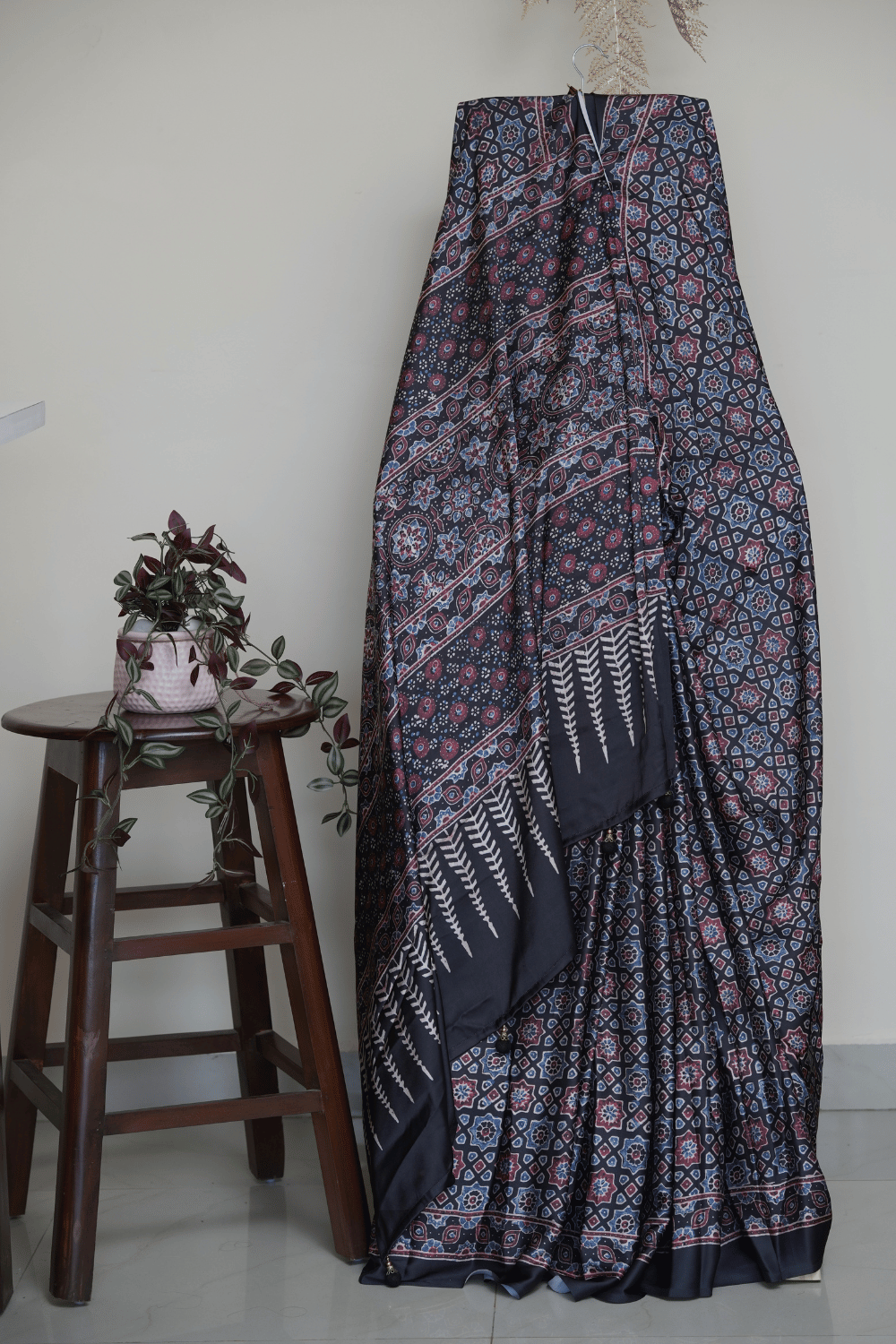 Black and Multicolor Ajrakh Print Modal Silk Saree - Image 2
