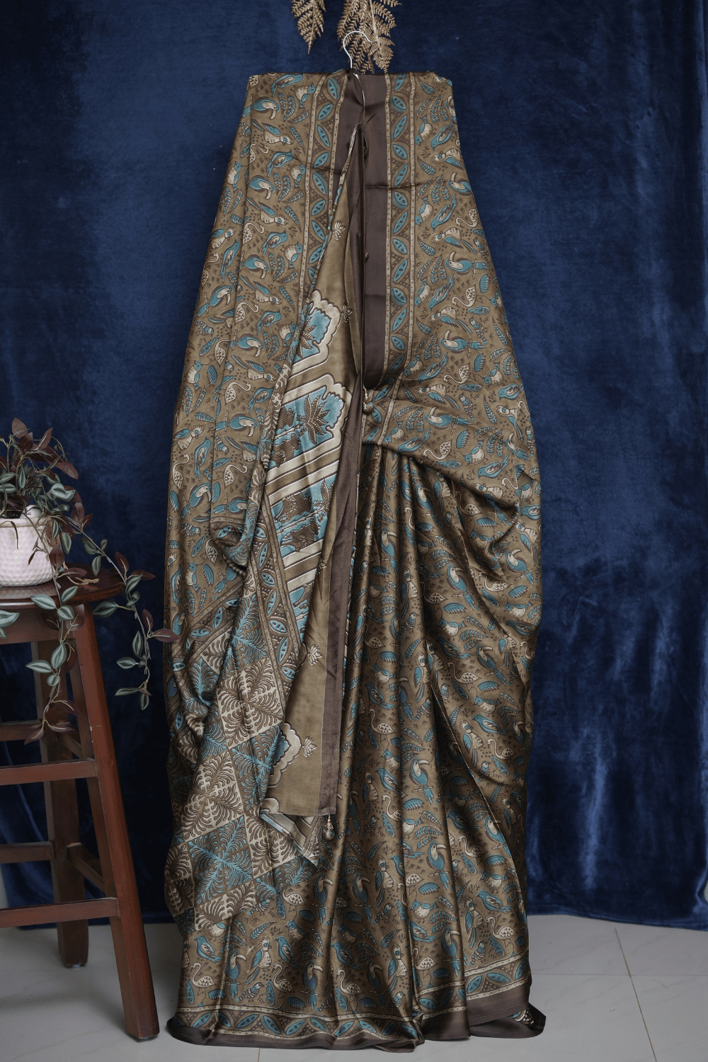 Olive Brown and Teal Ajrakh Print Modal Silk Saree