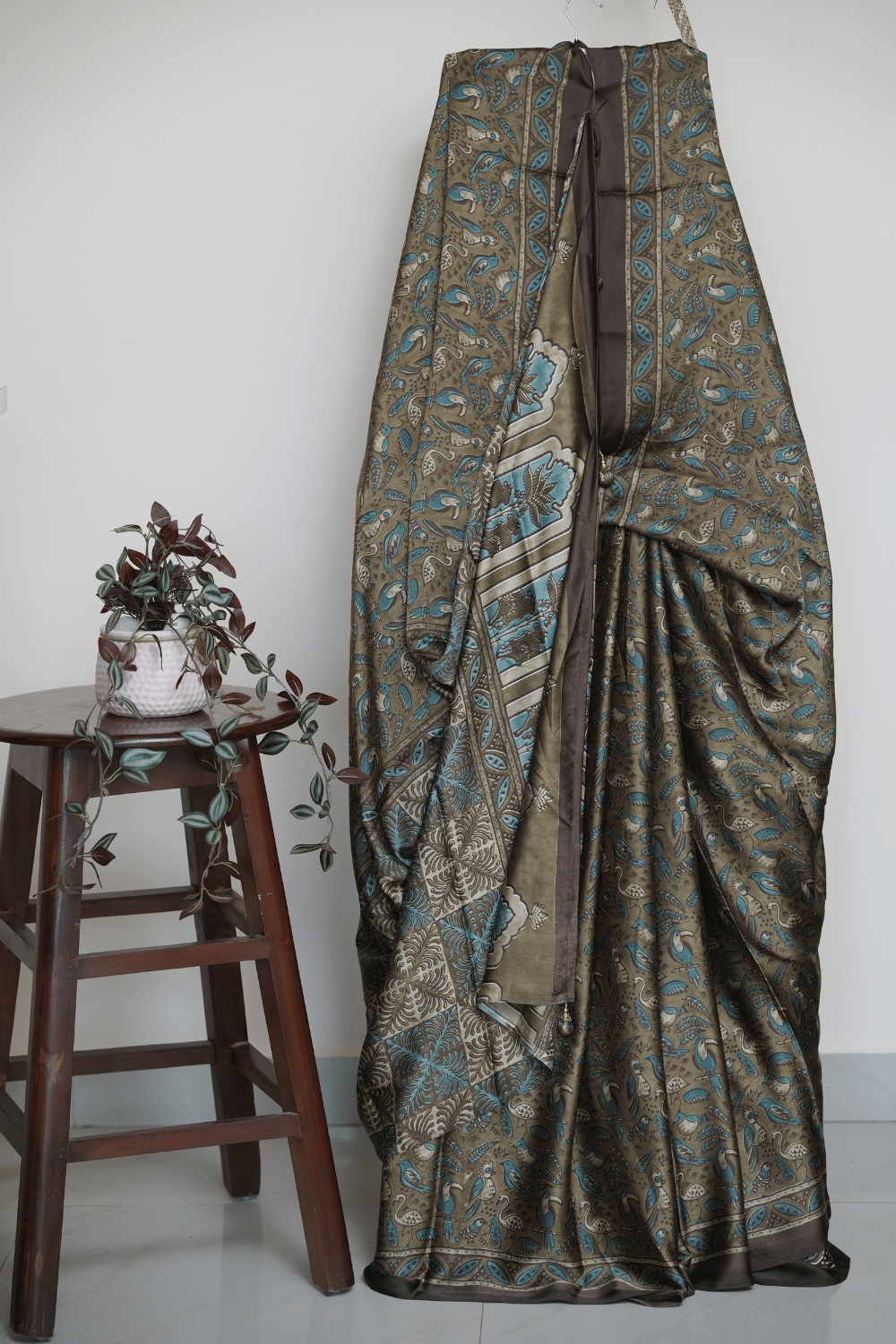 Olive Brown and Teal Ajrakh Print Modal Silk Saree - Image 4