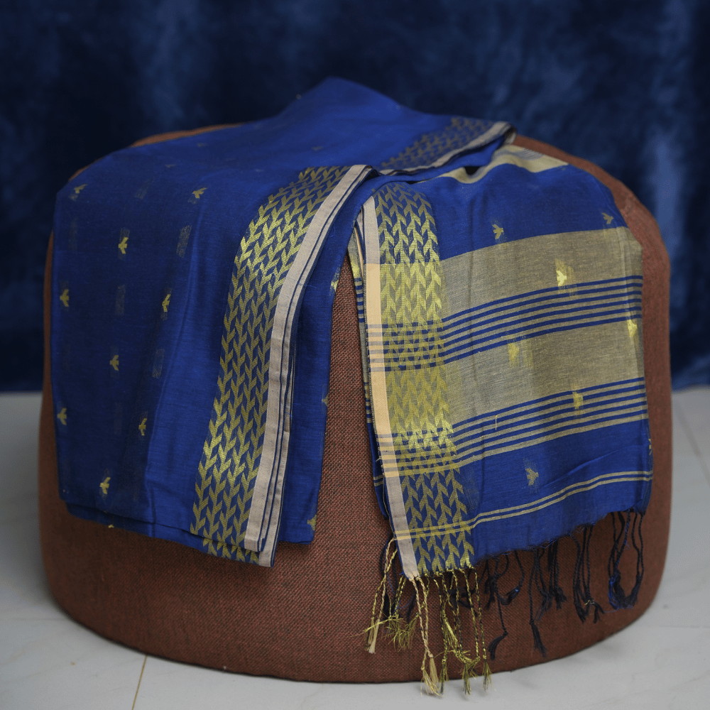 Royal Indigo Blue Soft Cotton Handloom Saree with Olive Green Woven Borders - Image 4