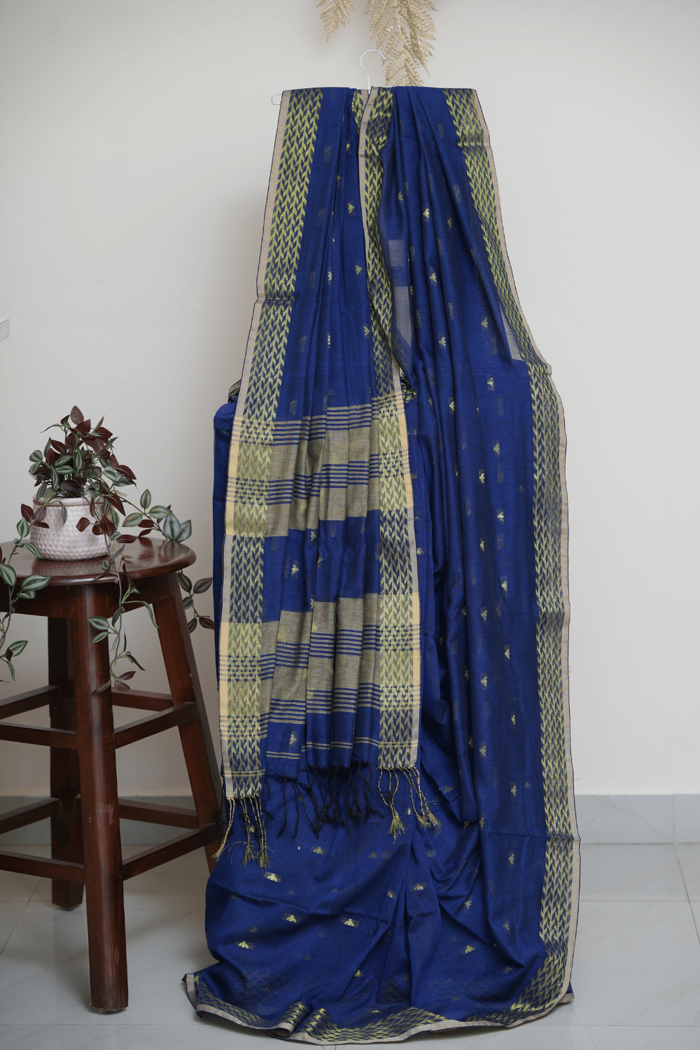 Royal Indigo Blue Soft Cotton Handloom Saree with Olive Green Woven Borders - Image 2