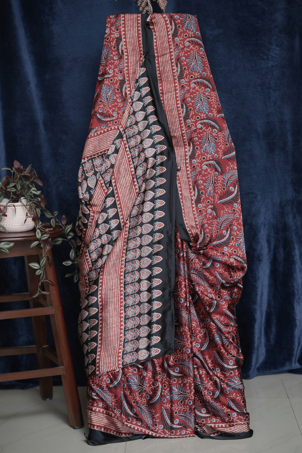 Maroon and Black Paisley Ajrakh Print Modal Silk Saree