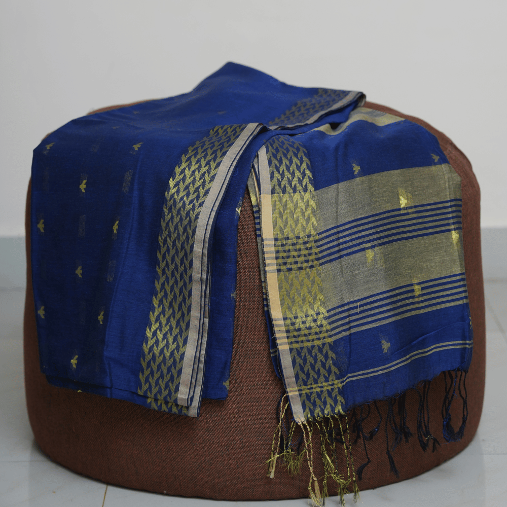 Royal Indigo Blue Soft Cotton Handloom Saree with Olive Green Woven Borders - Image 3