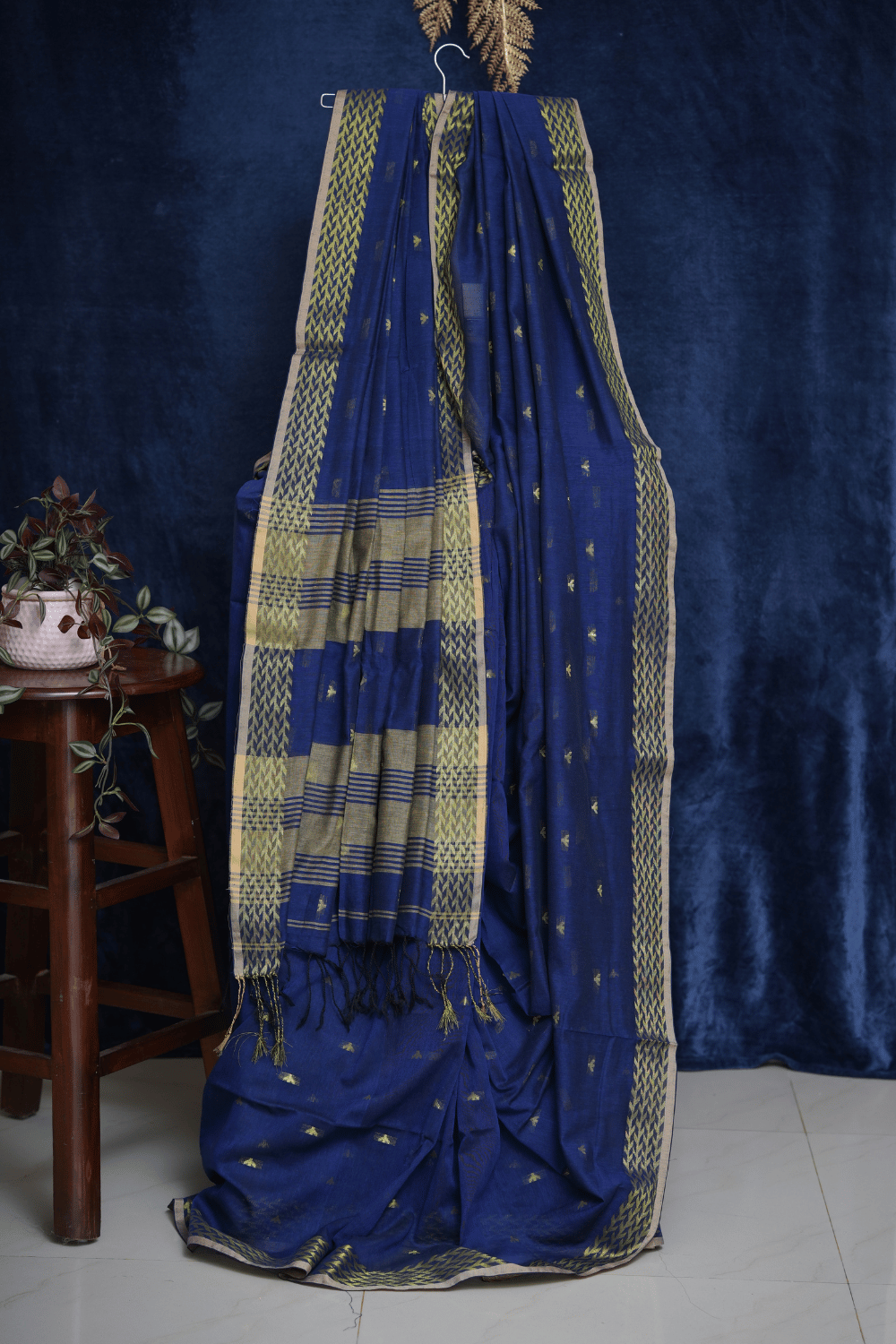 Royal Indigo Blue Soft Cotton Handloom Saree with Olive Green Woven Borders