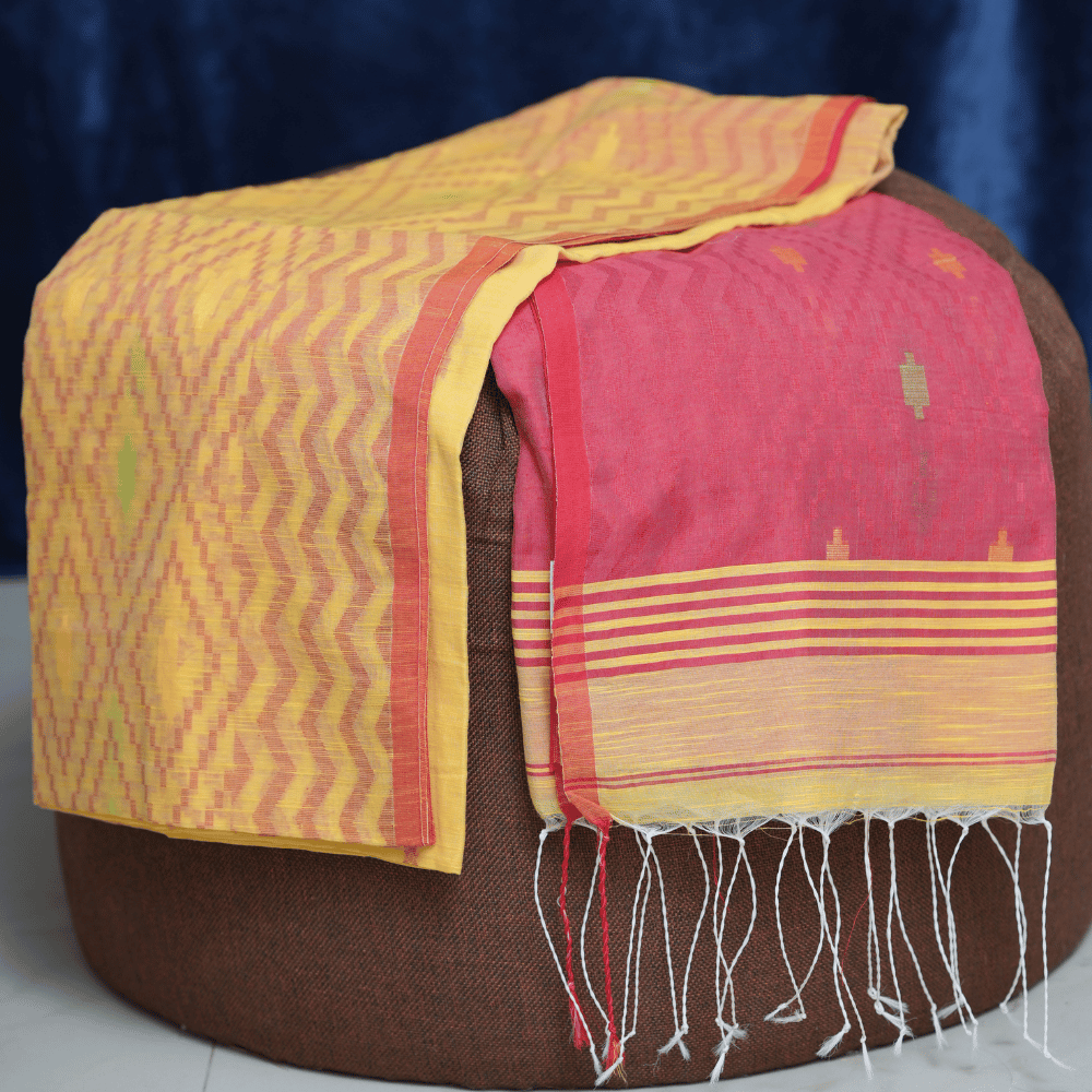 Sunshine Yellow Soft Cotton Handloom Saree with Tomato Red Contrast Pallu - Image 3