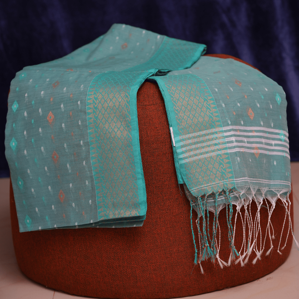 Tropical Teal Blue Soft Cotton Handloom Saree with White Thread Weaving - Image 4