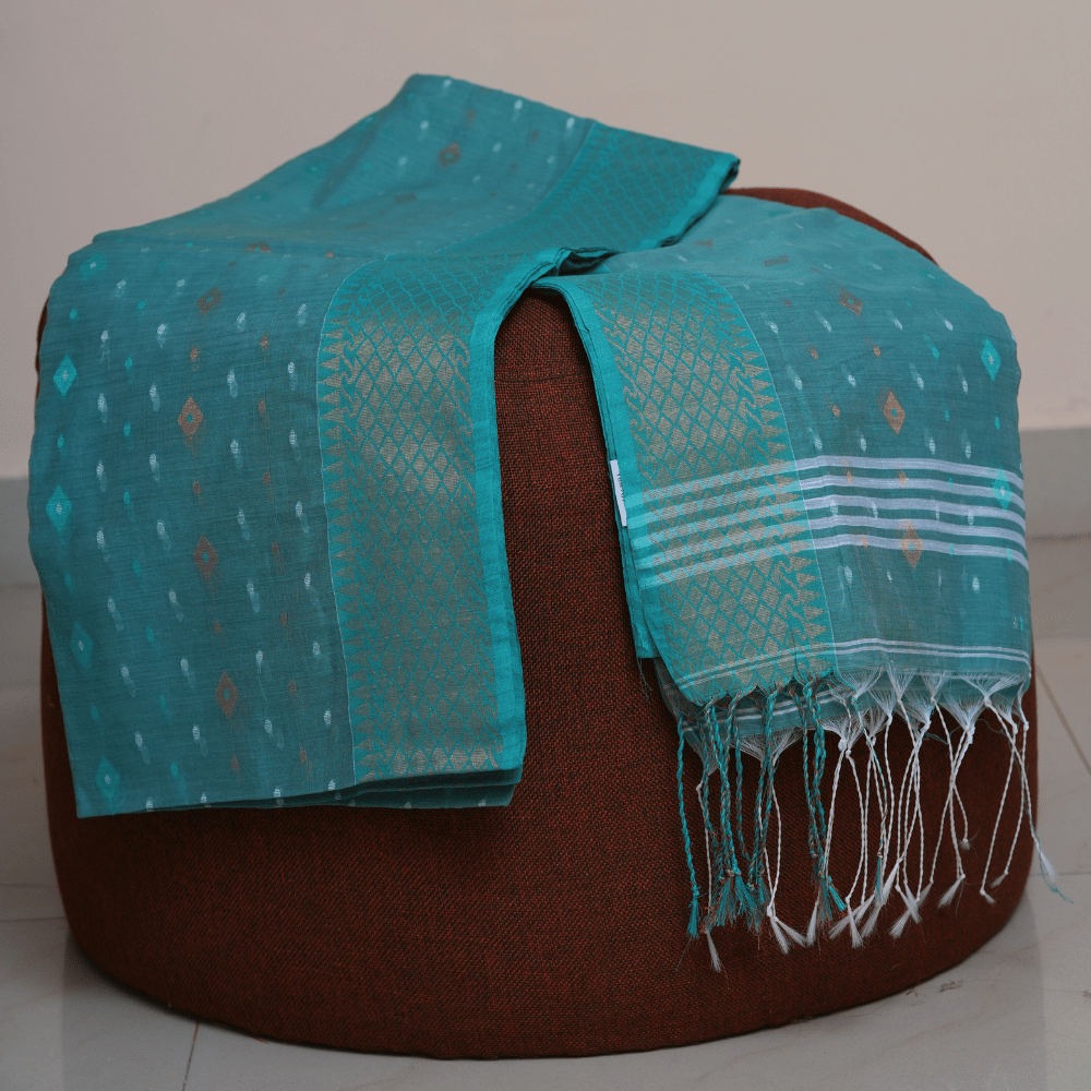 Tropical Teal Blue Soft Cotton Handloom Saree with White Thread Weaving - Image 3