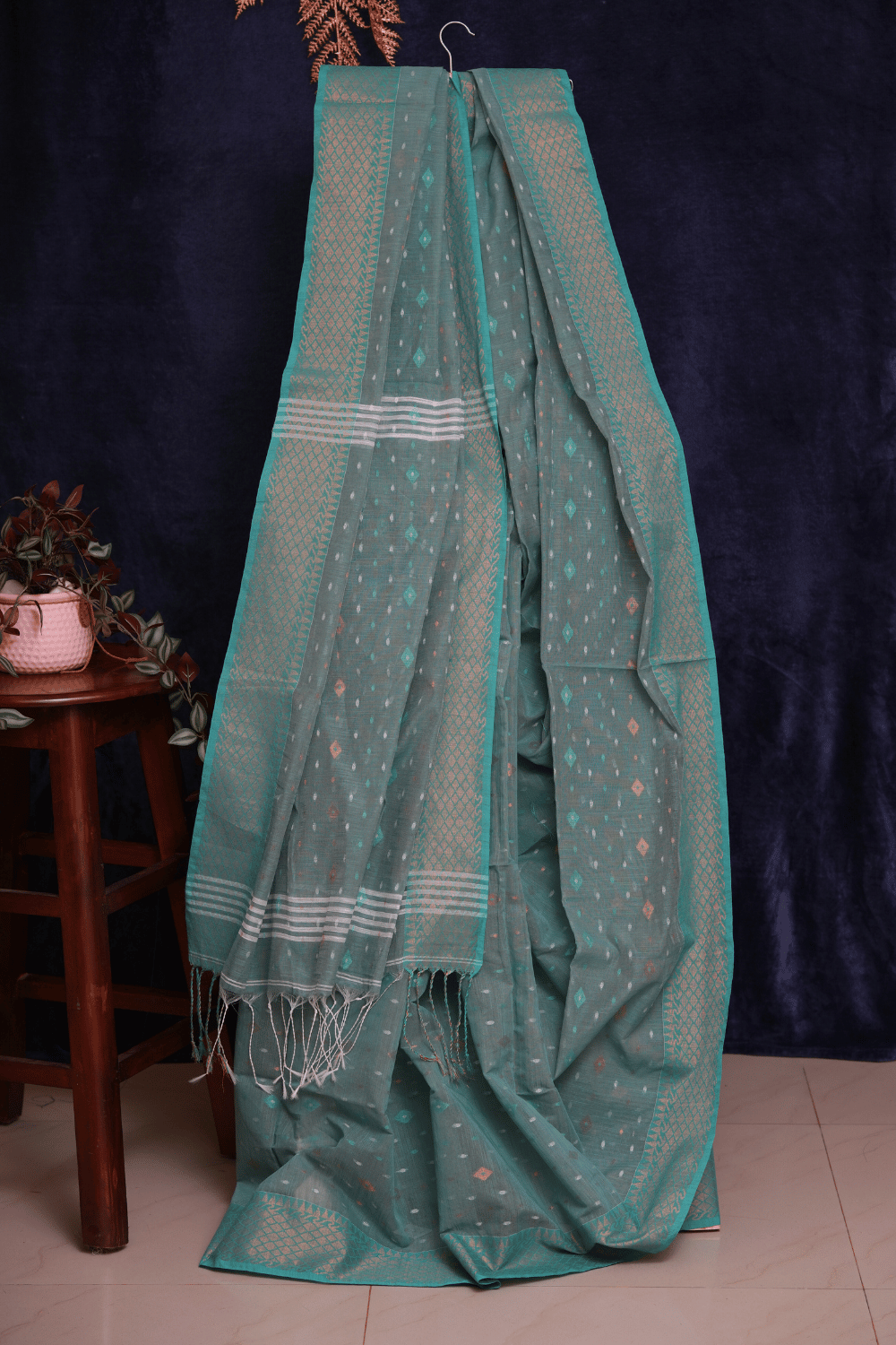 Tropical Teal Blue Soft Cotton Handloom Saree with White Thread Weaving