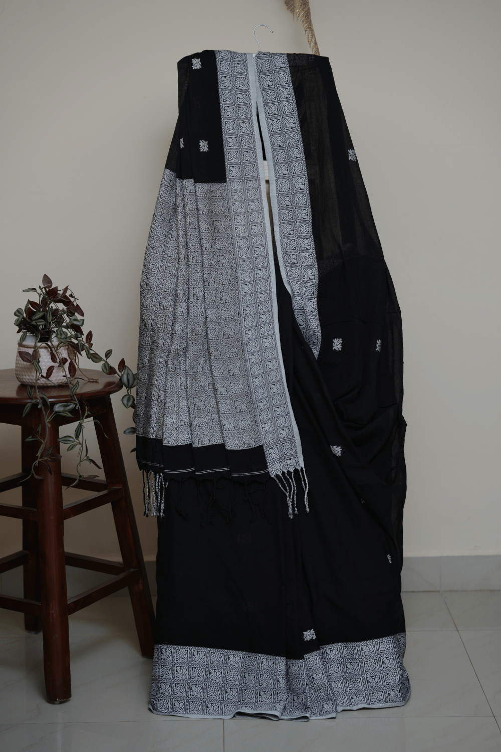 Handloom Black & White Saree with Geometric Thread Weave