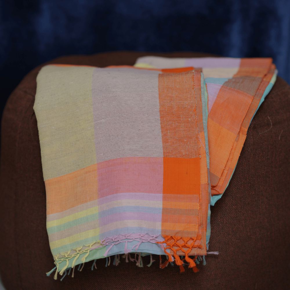 Handloom Pastel Multicolour Check Saree with Orange Border - Image 2