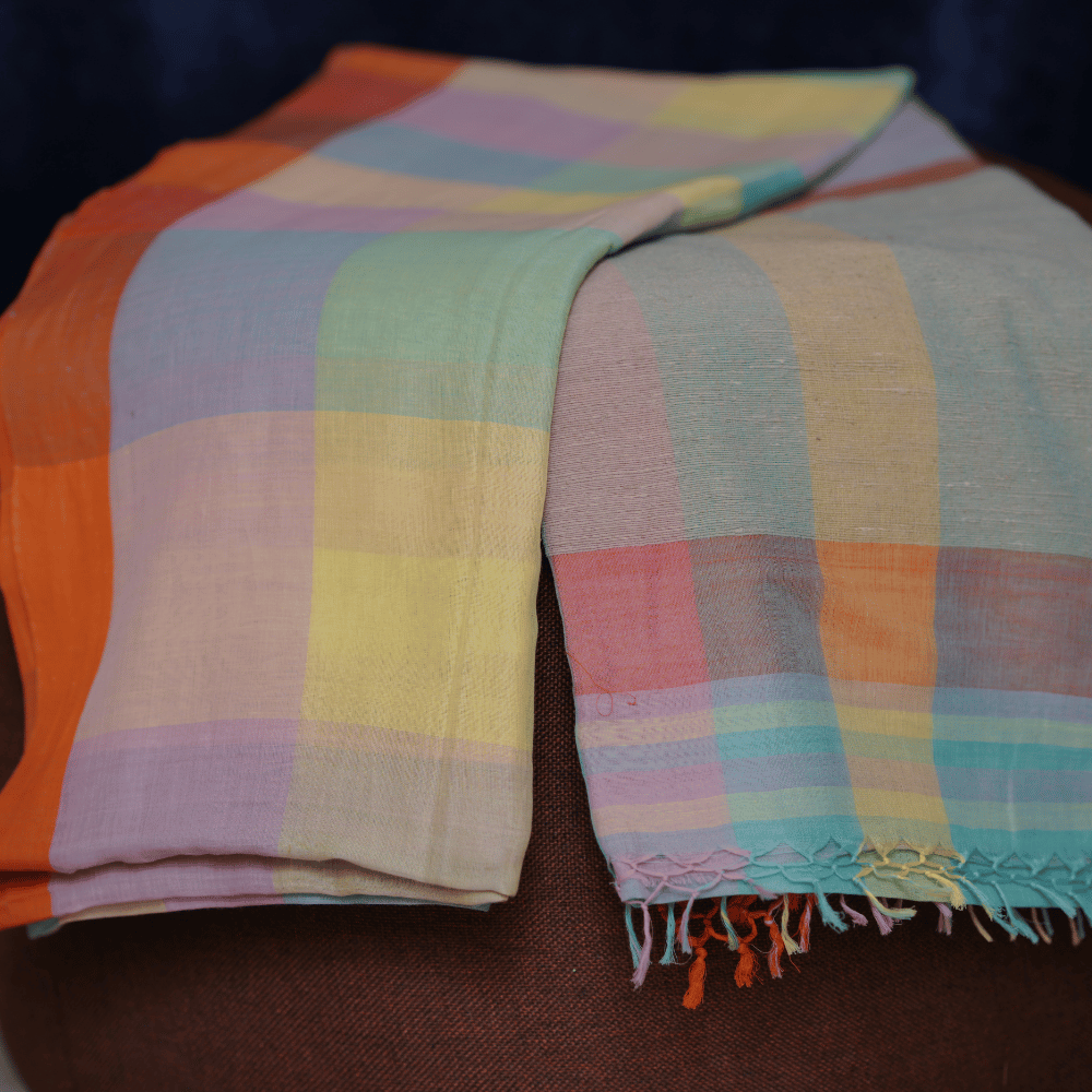 Handloom Pastel Multicolour Check Saree with Orange Border - Image 3