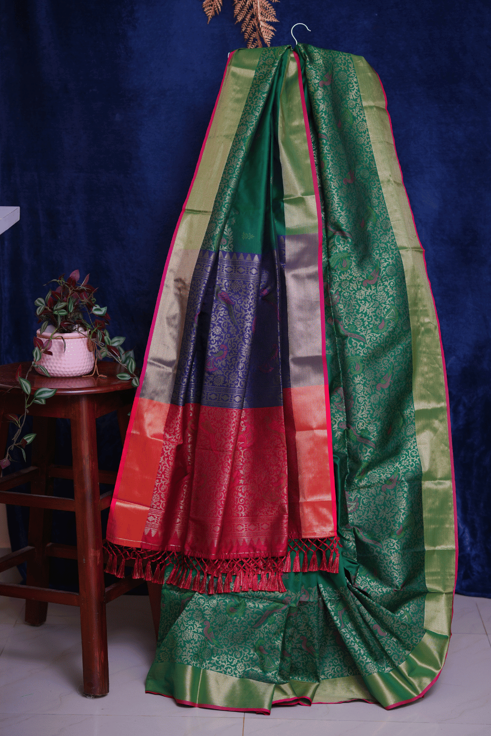 Emerald Green Soft Silk Saree with Multicolor Pallu and Golden Zari Weave