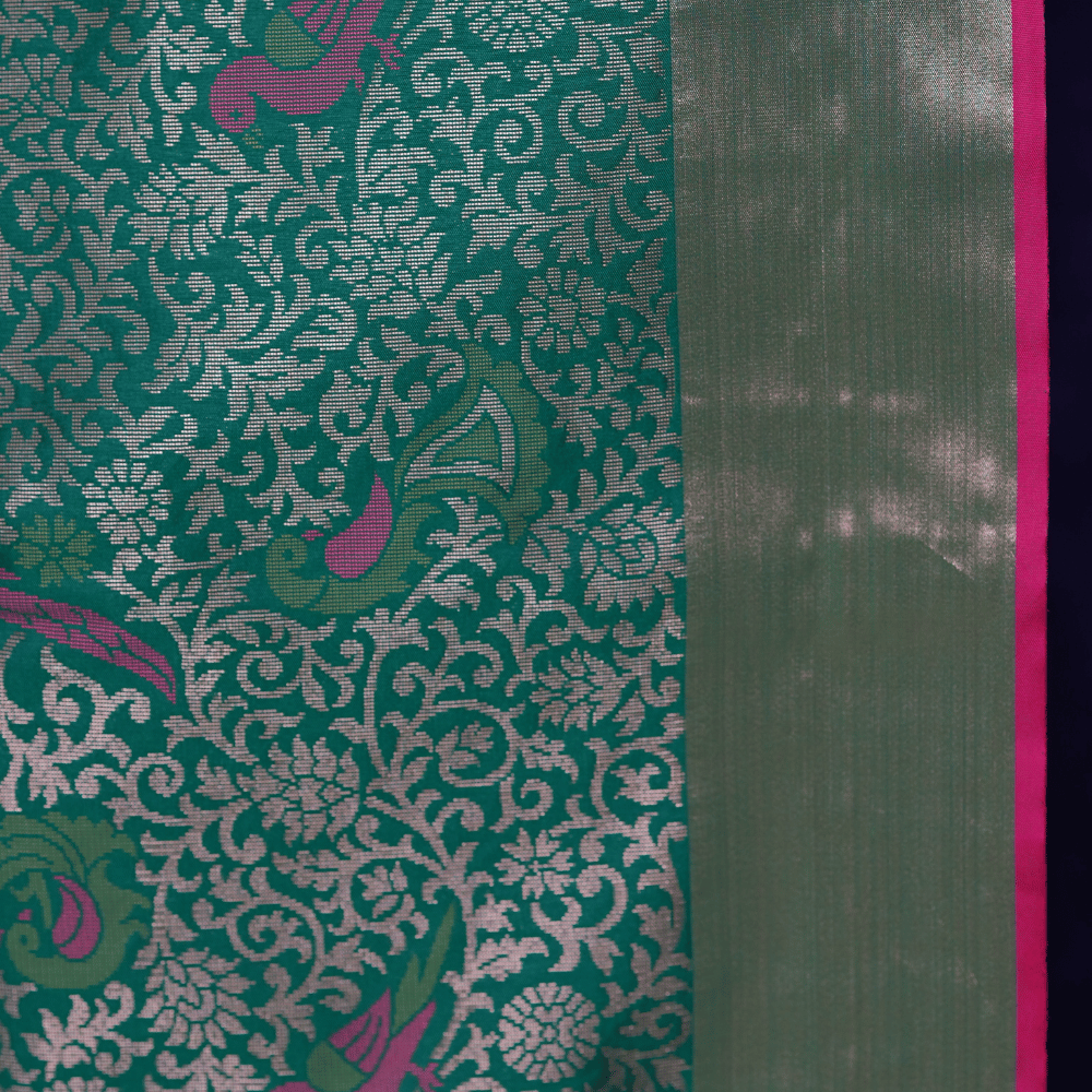 Emerald Green Soft Silk Saree with Multicolor Pallu and Golden Zari Weave - Image 6