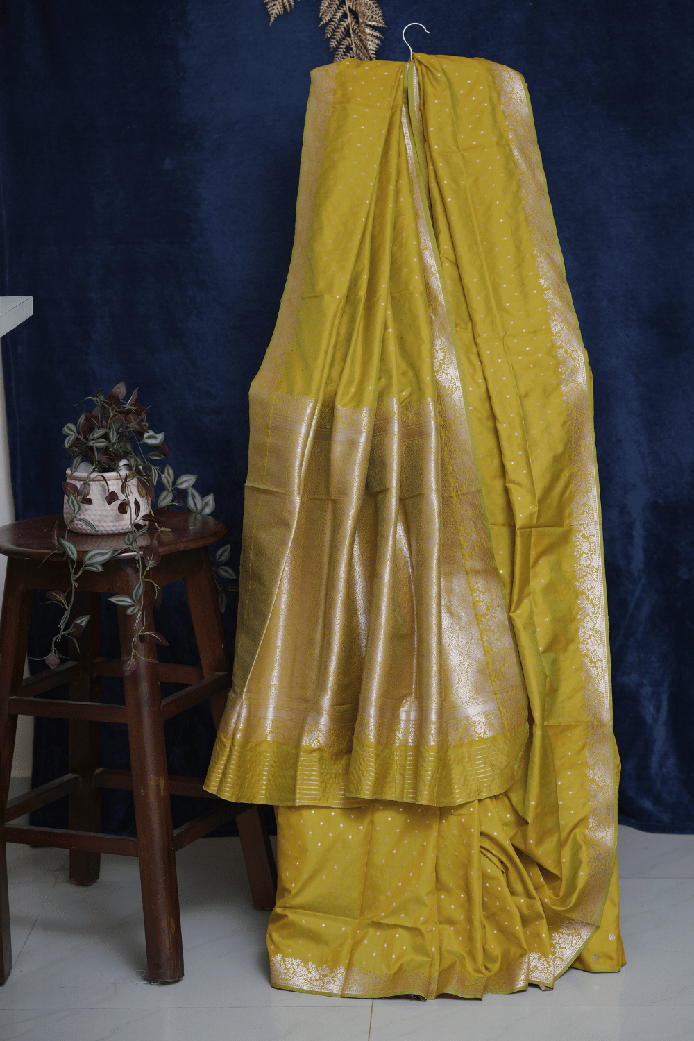 Olive Yellow Soft Silk Saree with Golden Zari and Subtle Dotted Weave