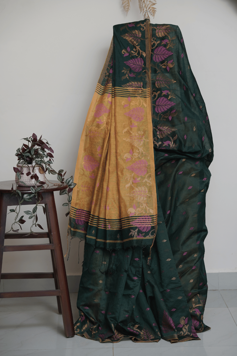 Deep Green with Mustard-Gold and Pink Floral Motifs Silk Saree - Image 4