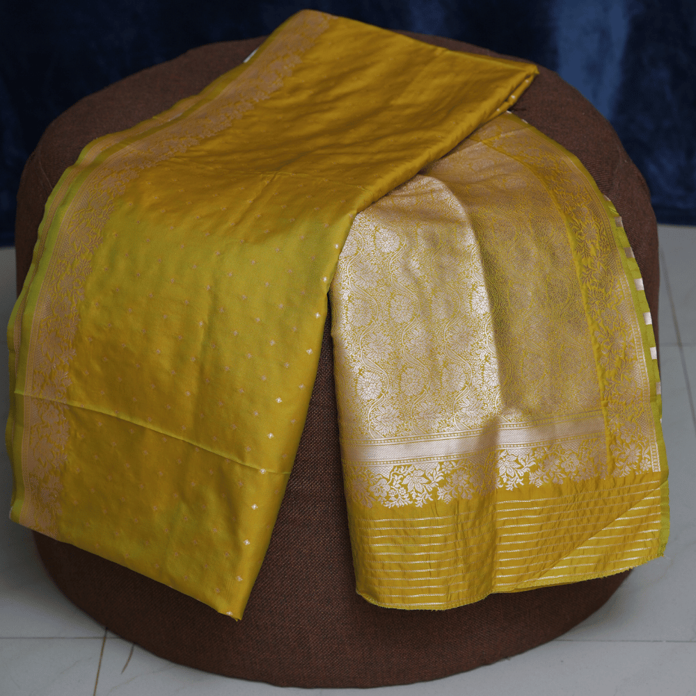 Olive Yellow Soft Silk Saree with Golden Zari and Subtle Dotted Weave - Image 3