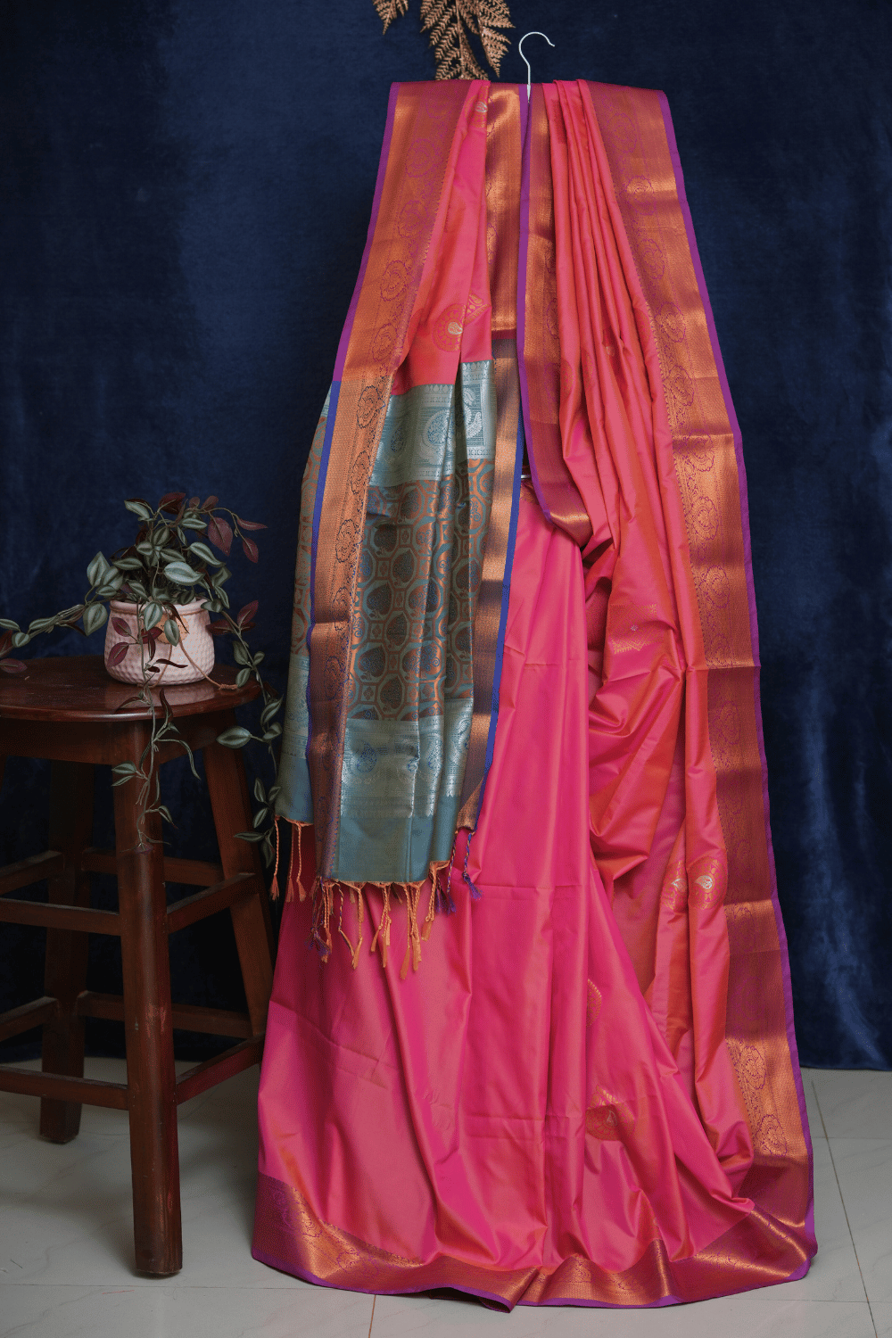 Pink Silk Saree with Copper Zari Border and Blue Contrast Pallu