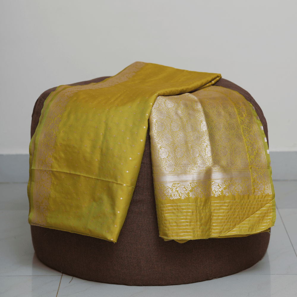 Olive Yellow Soft Silk Saree with Golden Zari and Subtle Dotted Weave - Image 4