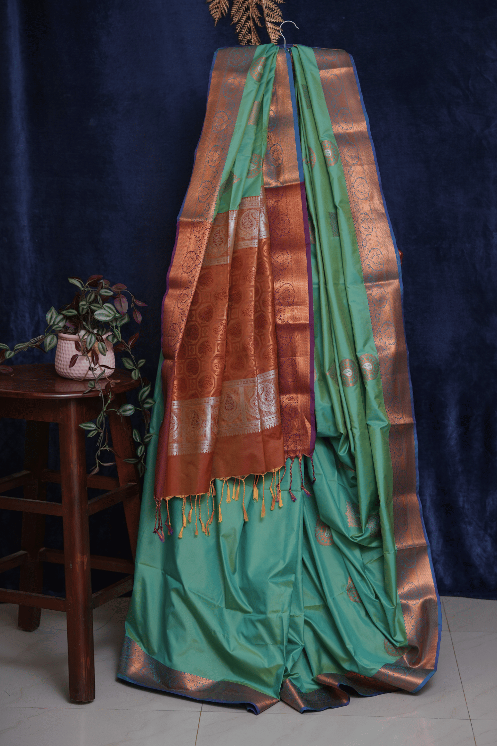 Sea Green Silk Saree with Rust Zari Border and Multi-Colour Pallu
