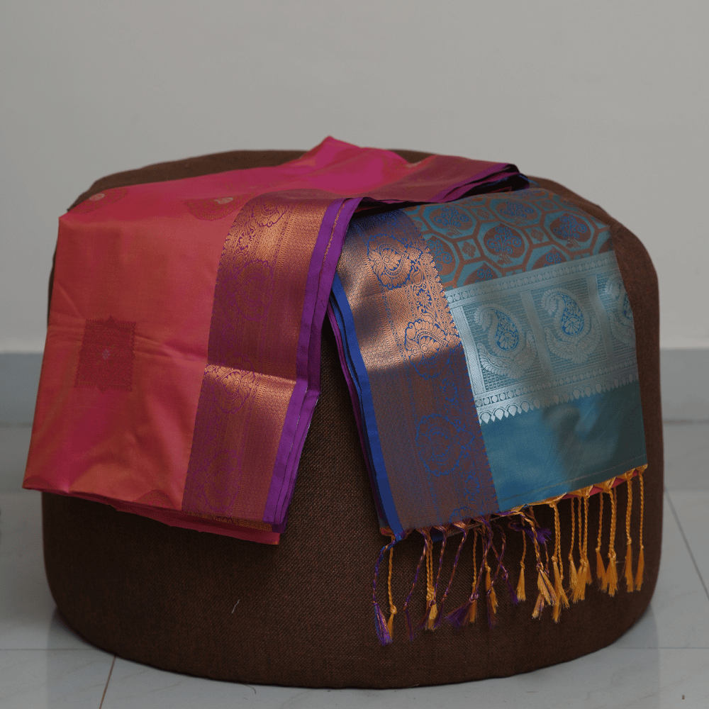 Pink Silk Saree with Copper Zari Border and Blue Contrast Pallu - Image 3