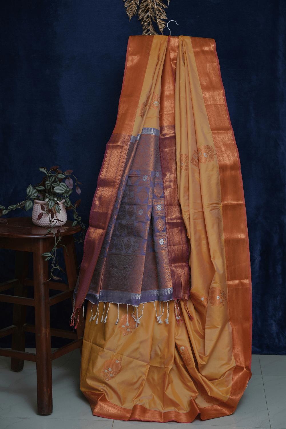 Peach and Orange Silk Saree with Contrasting Lavender Zari Pallu