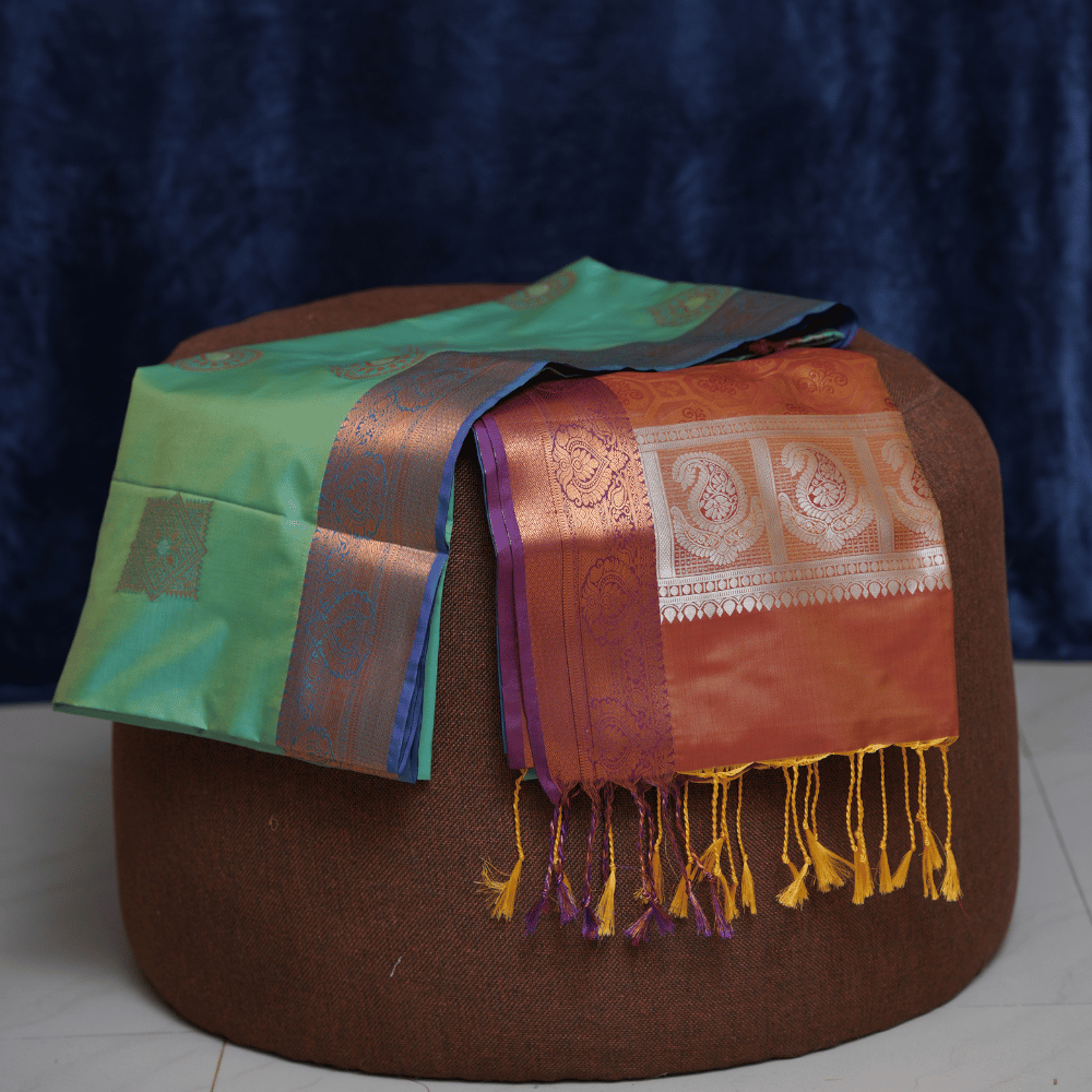 Sea Green Silk Saree with Rust Zari Border and Multi-Colour Pallu - Image 4