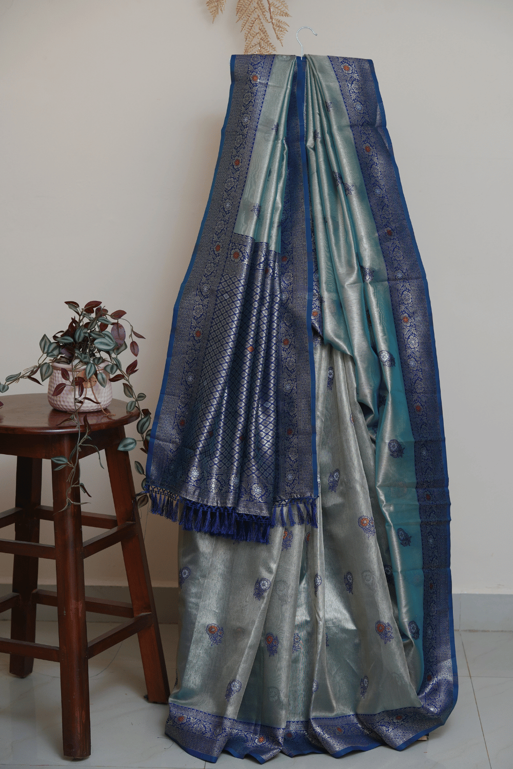 Light Blue Silk Saree with Royal Blue Zari Border - Image 2