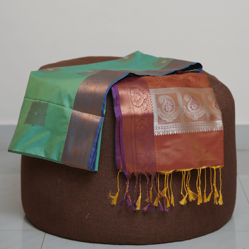 Sea Green Silk Saree with Rust Zari Border and Multi-Colour Pallu - Image 3