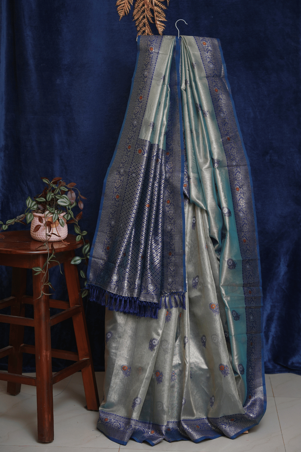 Light Blue Silk Saree with Royal Blue Zari Border