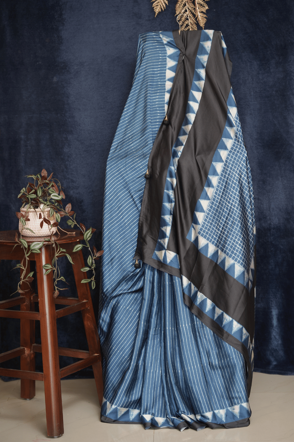 Indigo Blue and Black Ikat Print Modal Silk Saree