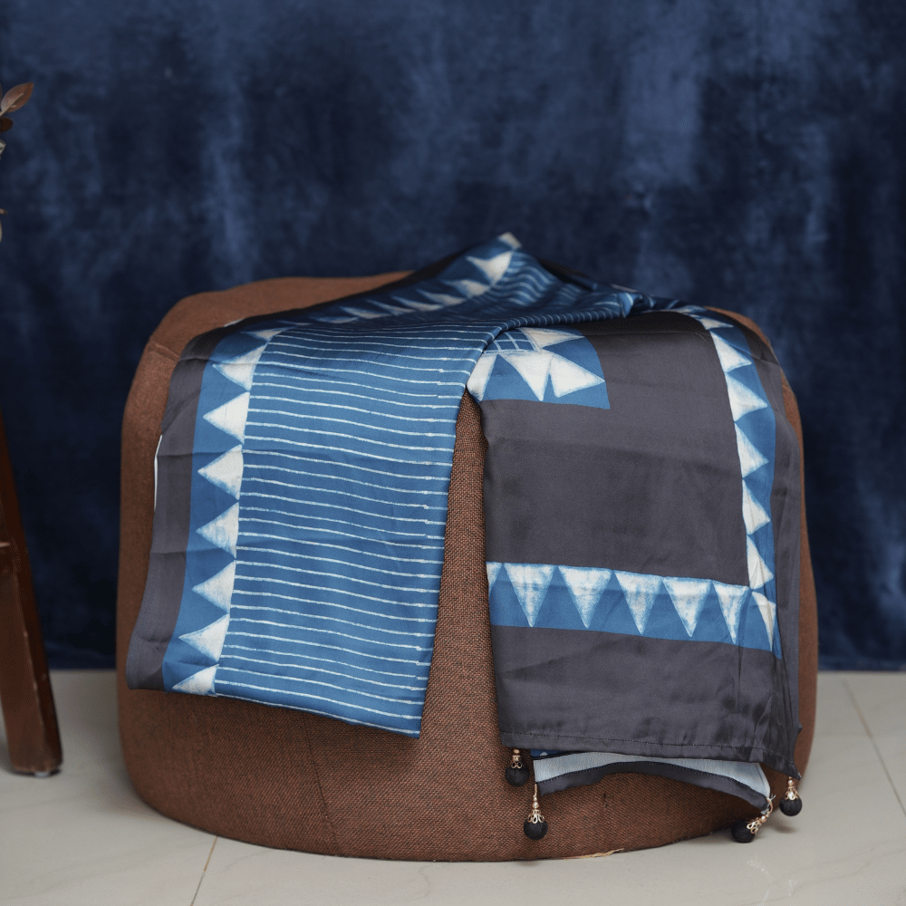 Indigo Blue and Black Ikat Print Modal Silk Saree - Image 2