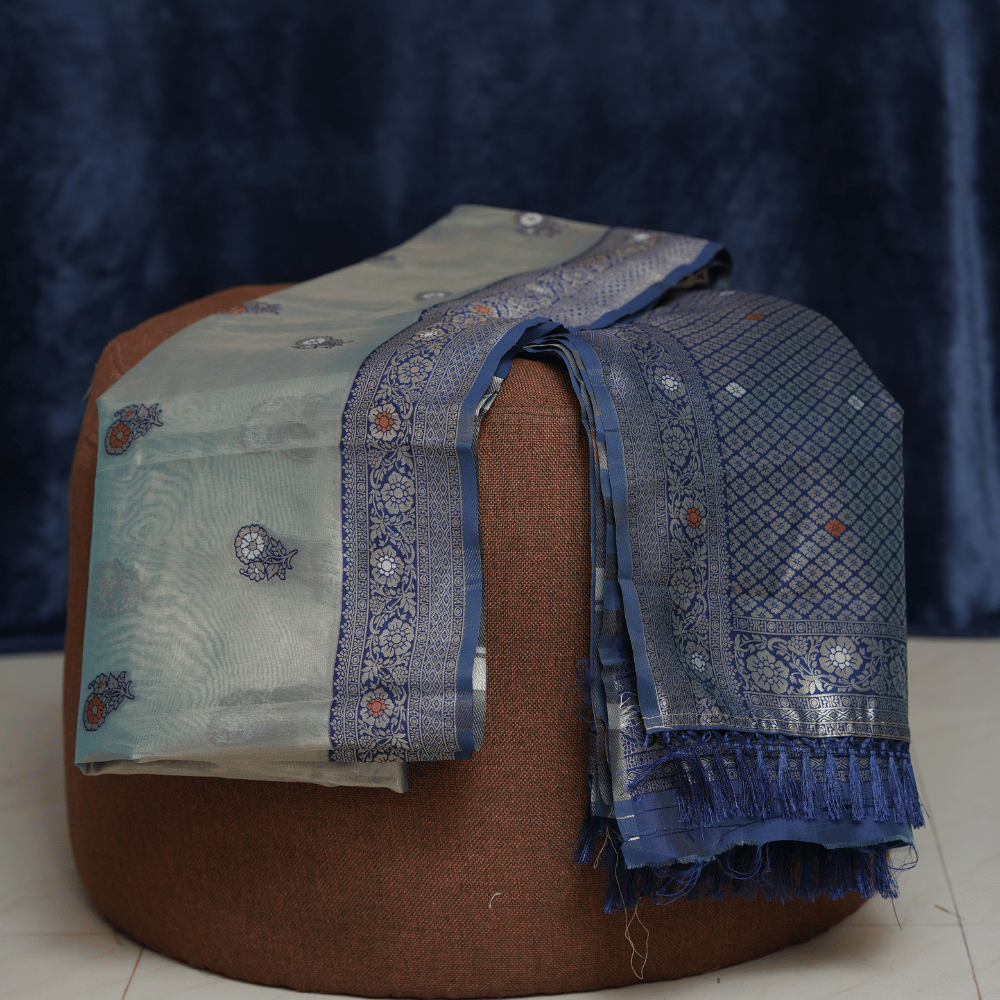 Light Blue Silk Saree with Royal Blue Zari Border - Image 3