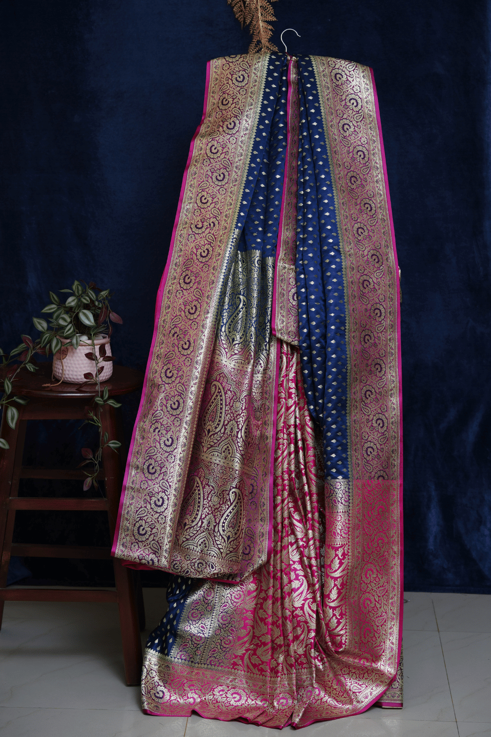 Royal Blue Banarasi Silk Saree with Rani Pink Border and Pallu