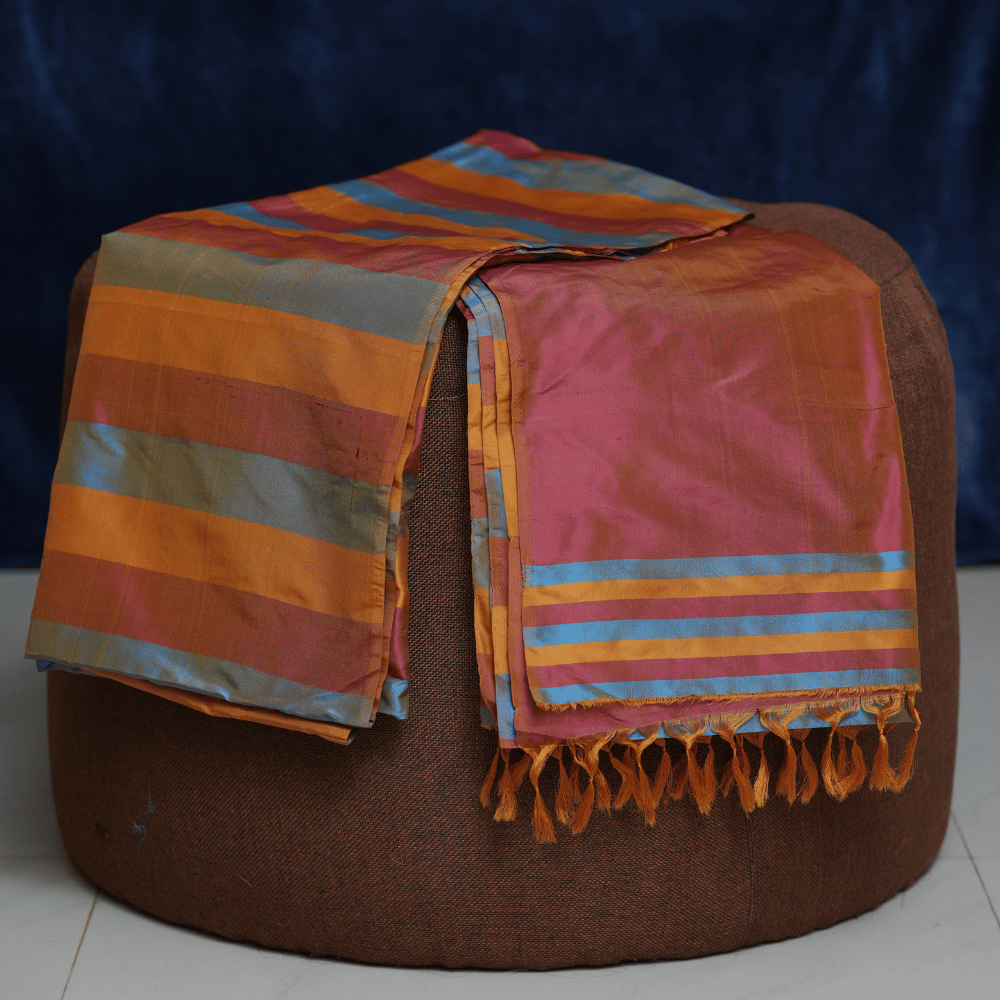 Rich Pure Silk Multicolor Striped Saree – Mustard Yellow, Blue and Maroon - Image 4