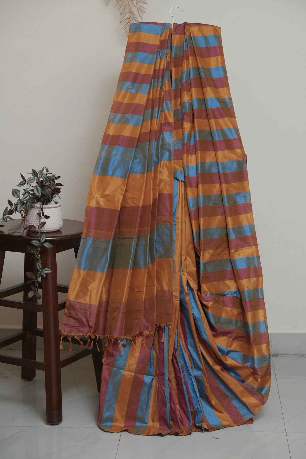Rich Pure Silk Multicolor Striped Saree – Mustard Yellow, Blue and Maroon - Image 2