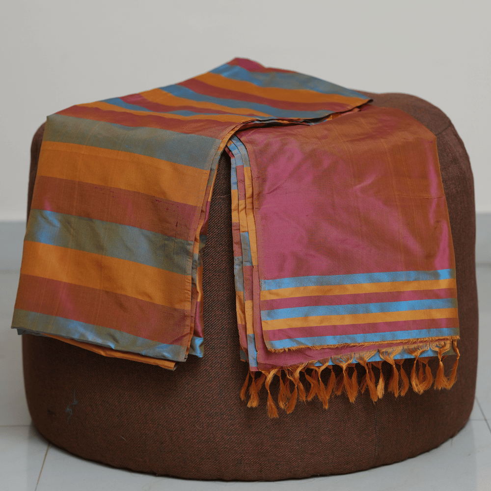Rich Pure Silk Multicolor Striped Saree – Mustard Yellow, Blue and Maroon - Image 3