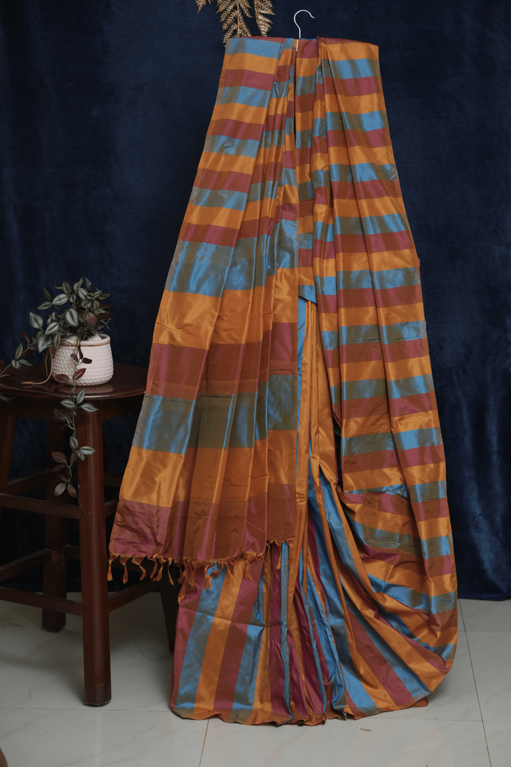 Rich Pure Silk Multicolor Striped Saree – Mustard Yellow, Blue and Maroon