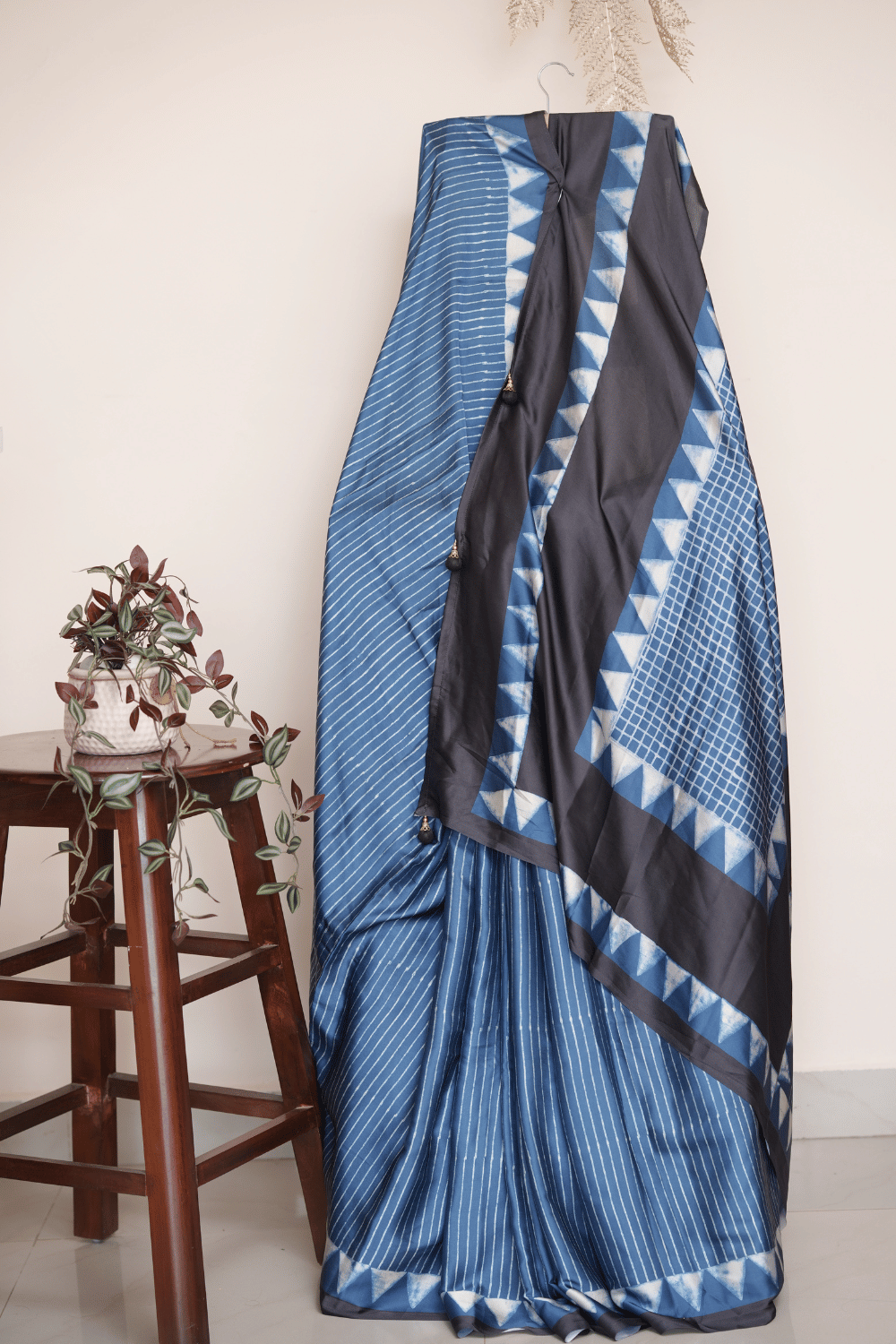 Indigo Blue and Black Ikat Print Modal Silk Saree - Image 3