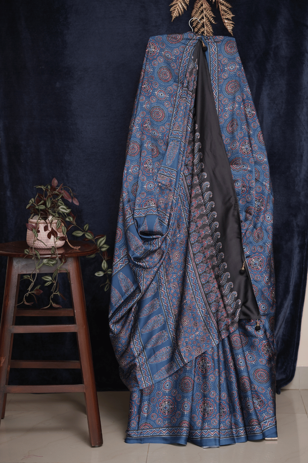 Indigo Blue Ajrakh Print Modal Silk Saree