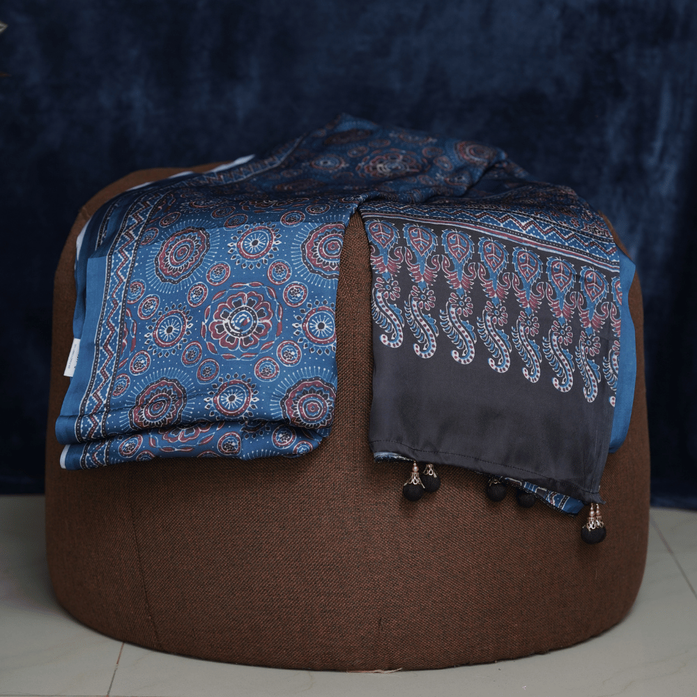 Indigo Blue Ajrakh Print Modal Silk Saree - Image 3