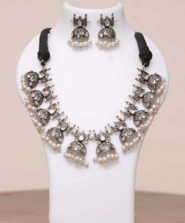 Jhumka Heritage Necklace Set — Oxidised Pearl Statement Jewelry