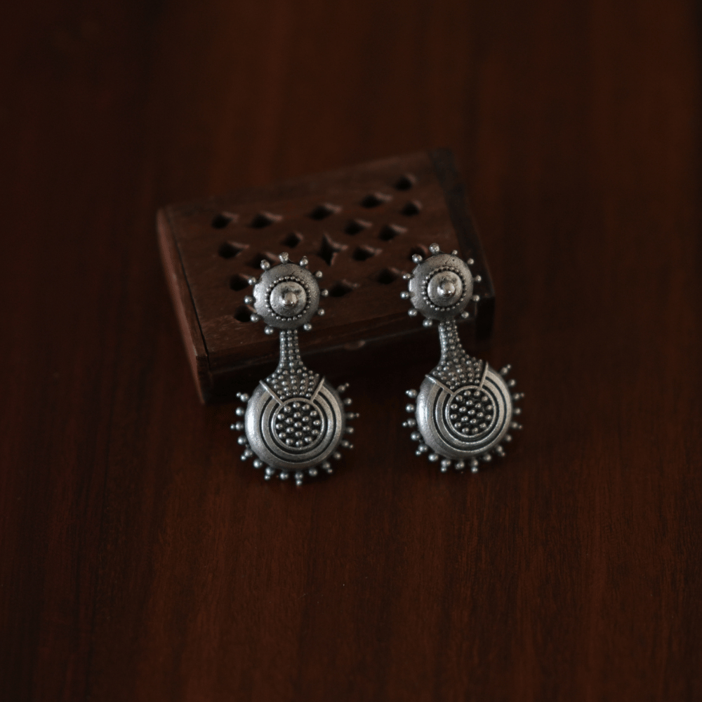 Round Tribal Oxidised Stud Danglers