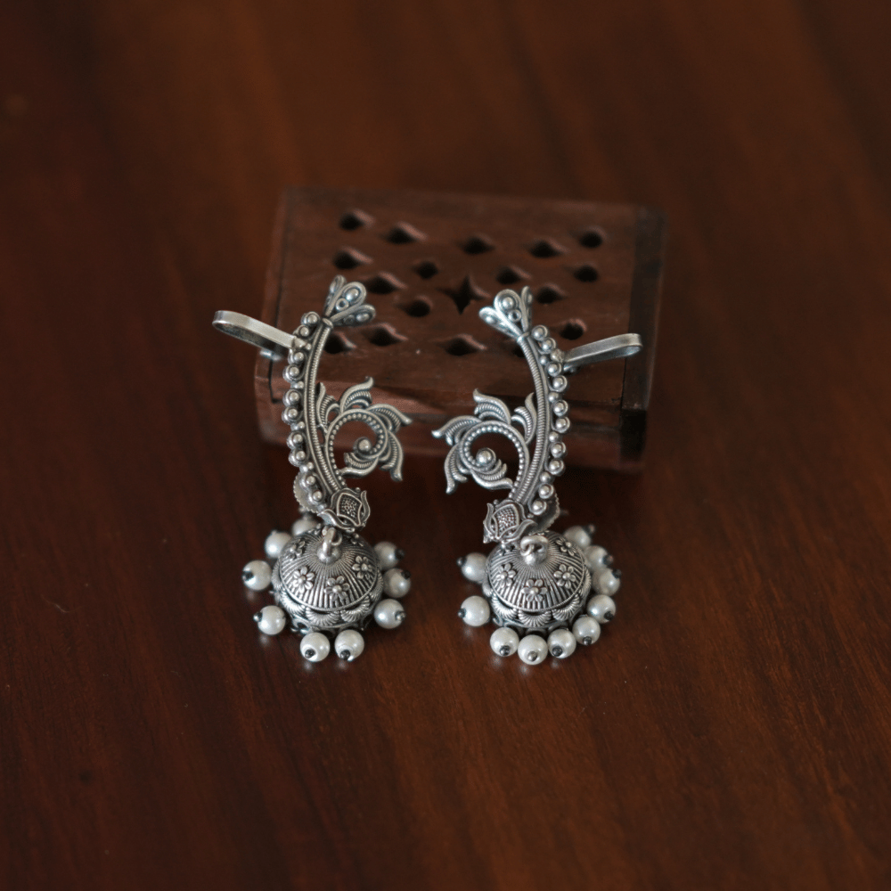 Floral Oxidised Earcuff Jhumka Earrings - Image 2