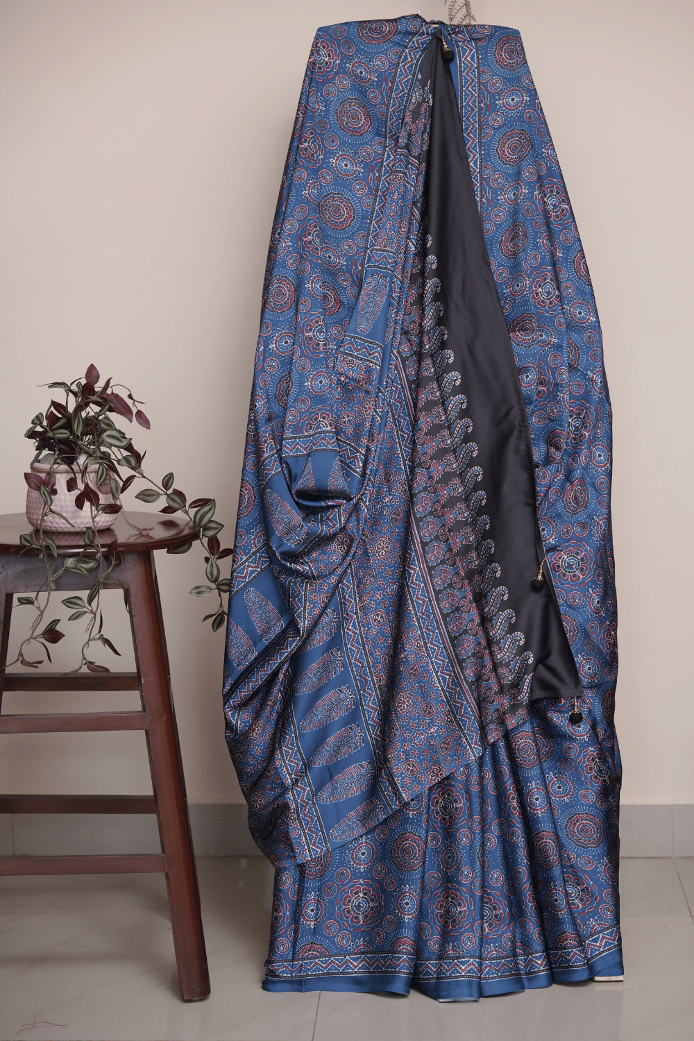 Indigo Blue Ajrakh Print Modal Silk Saree - Image 2