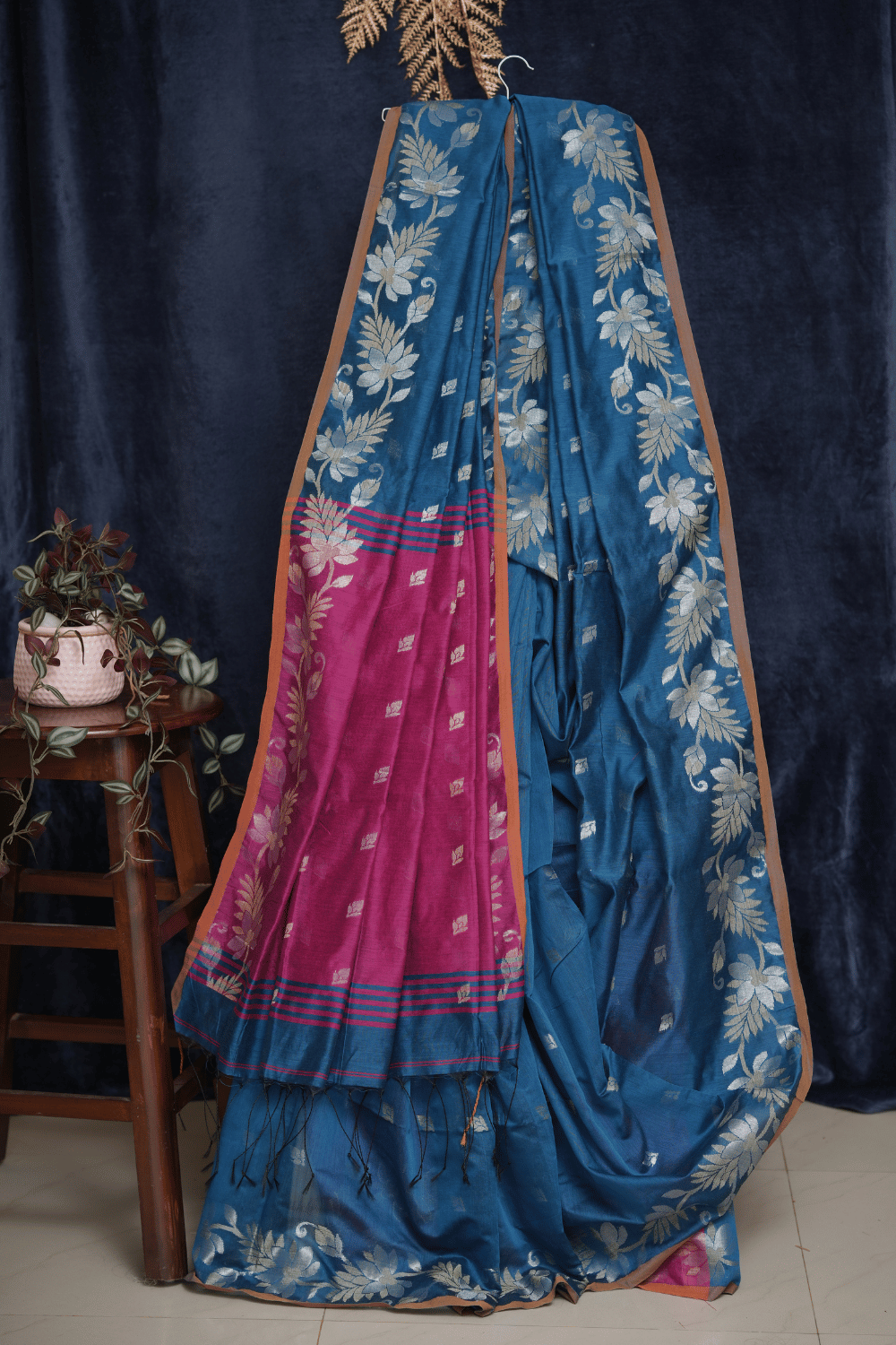 Royal Blue & Magenta Handloom Saree with Golden Floral Weave