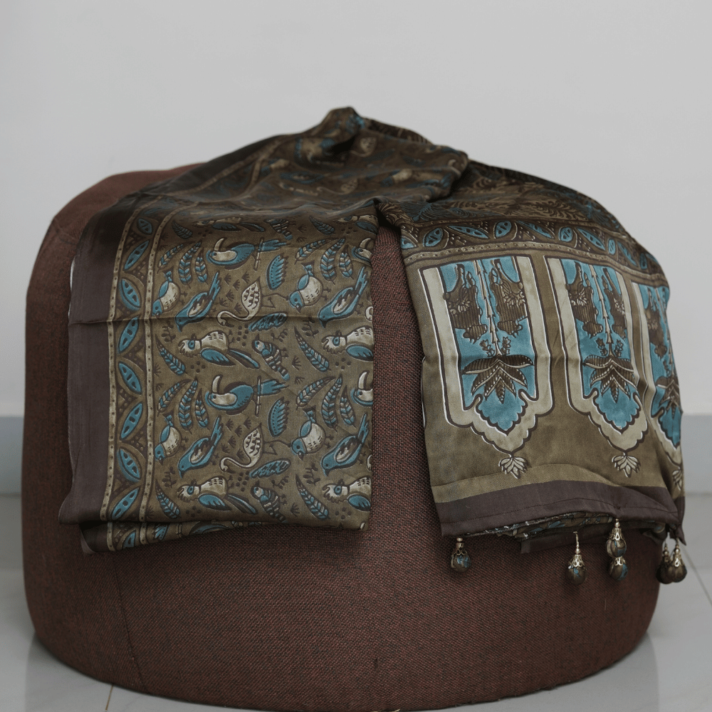 Olive Brown and Teal Ajrakh Print Modal Silk Saree - Image 3