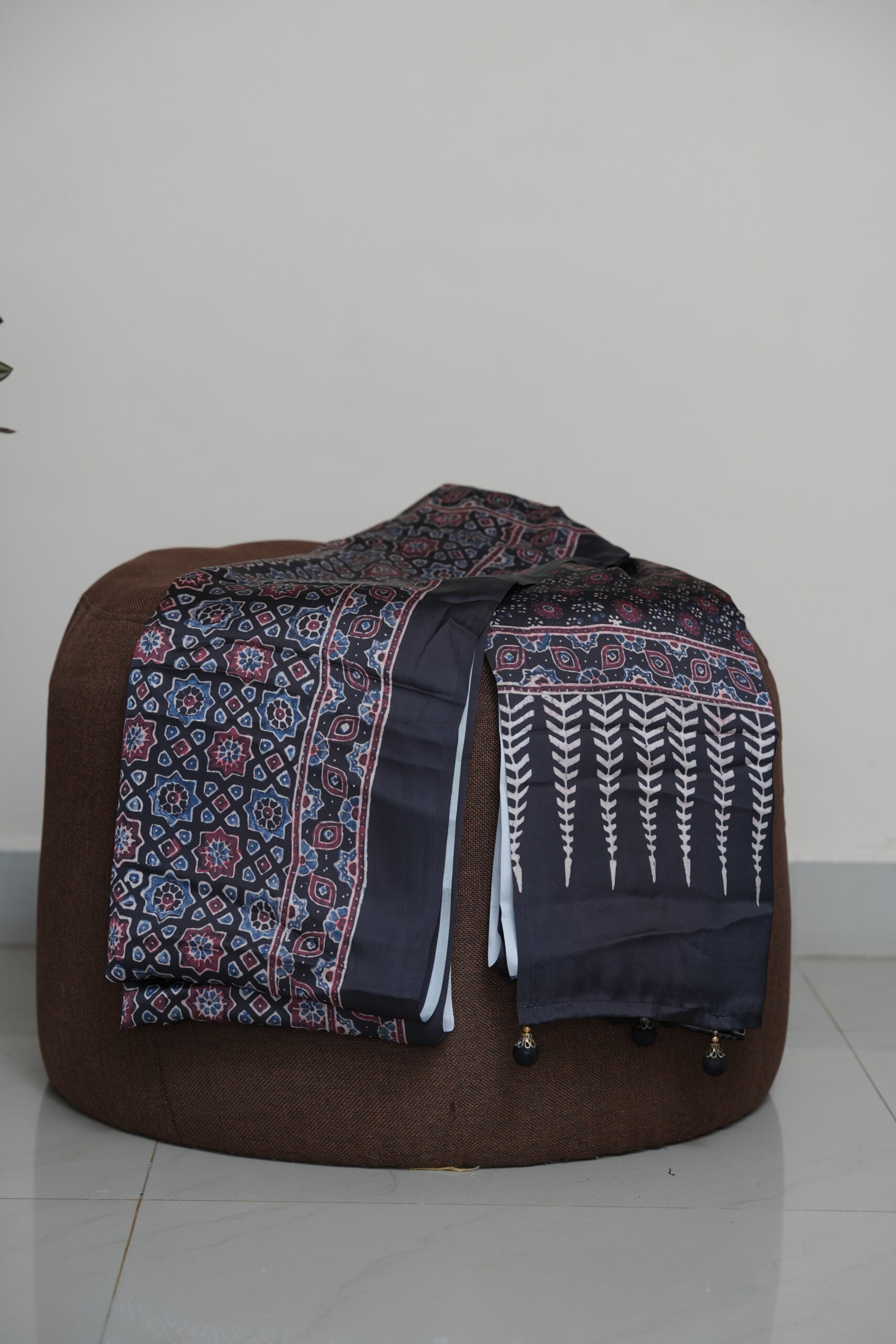 Black and Multicolor Ajrakh Print Modal Silk Saree - Image 3