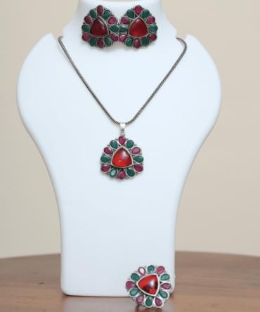 Raktima Trikon Stone Jewellery Set — Oxidised Necklace, Earrings & Ring